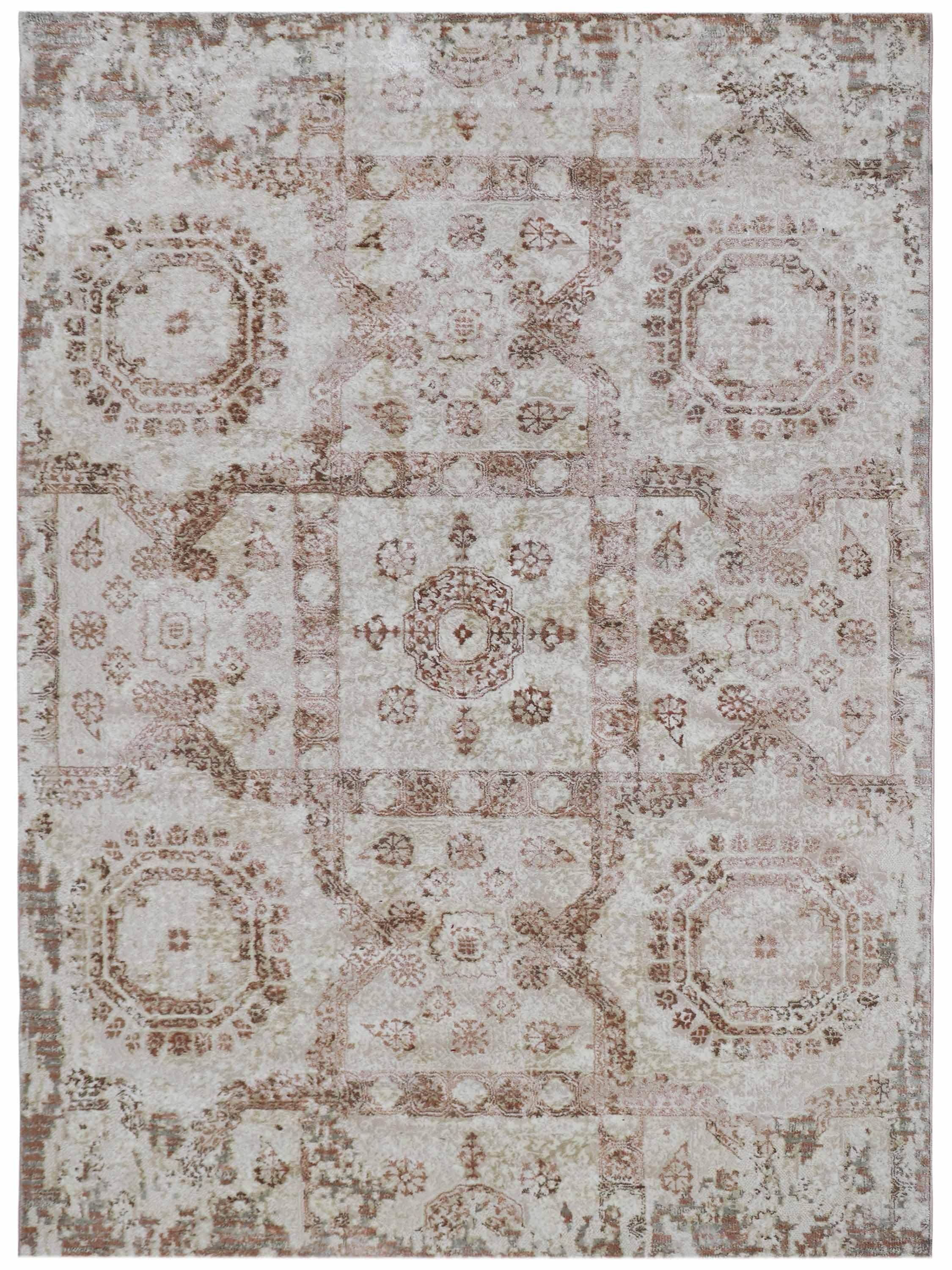 Beige vintage rug with intricate geometric and floral patterns. Faded, distressed look adds a rustic and elegant touch. Symmetrical design.