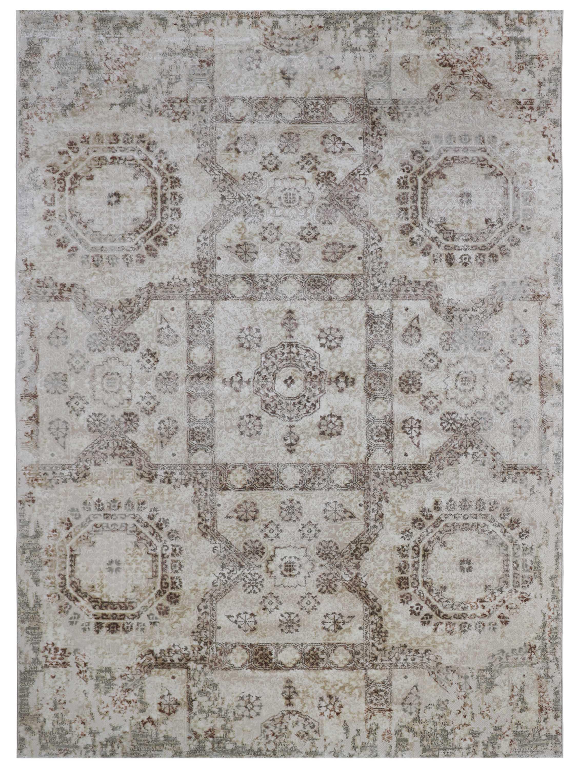 Elegant vintage-style rug with intricate geometric and floral patterns in muted beige and brown tones, conveying a rustic and timeless ambiance.