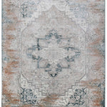 Vintage-style rug with a faded blue and beige floral medallion design. Intricate patterns and a distressed texture create a classic, worn look.