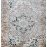 Vintage-style rug with a faded blue and beige floral medallion design. Intricate patterns and a distressed texture create a classic, worn look.