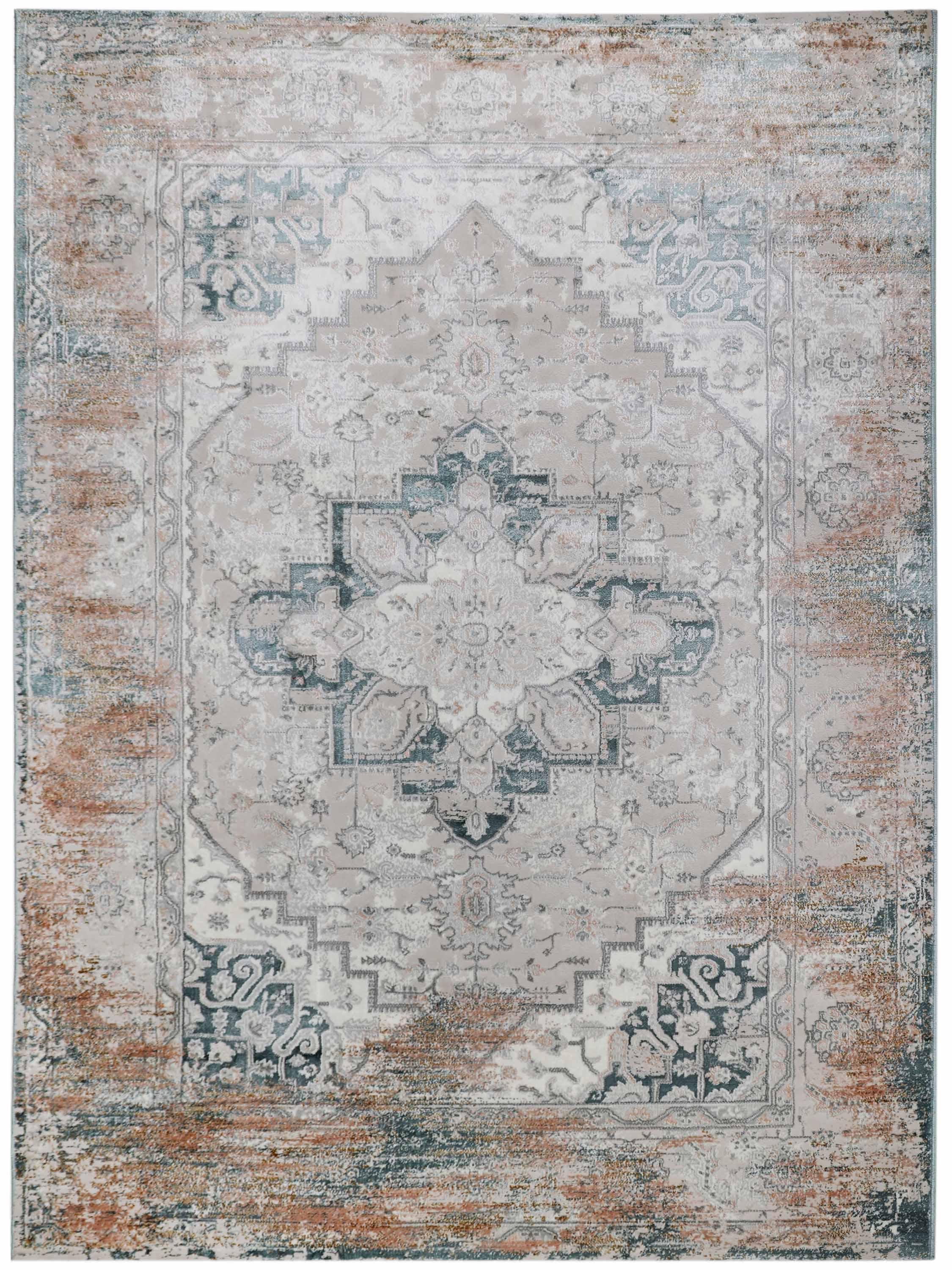 Vintage-style rug with a faded blue and beige floral medallion design. Intricate patterns and a distressed texture create a classic, worn look.