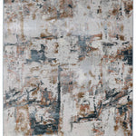 Abstract area rug with a textured design featuring a blend of muted gray, brown, and beige tones. The pattern is reminiscent of a modern art painting.