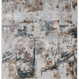 Abstract area rug with a textured design featuring a blend of muted gray, brown, and beige tones. The pattern is reminiscent of a modern art painting.