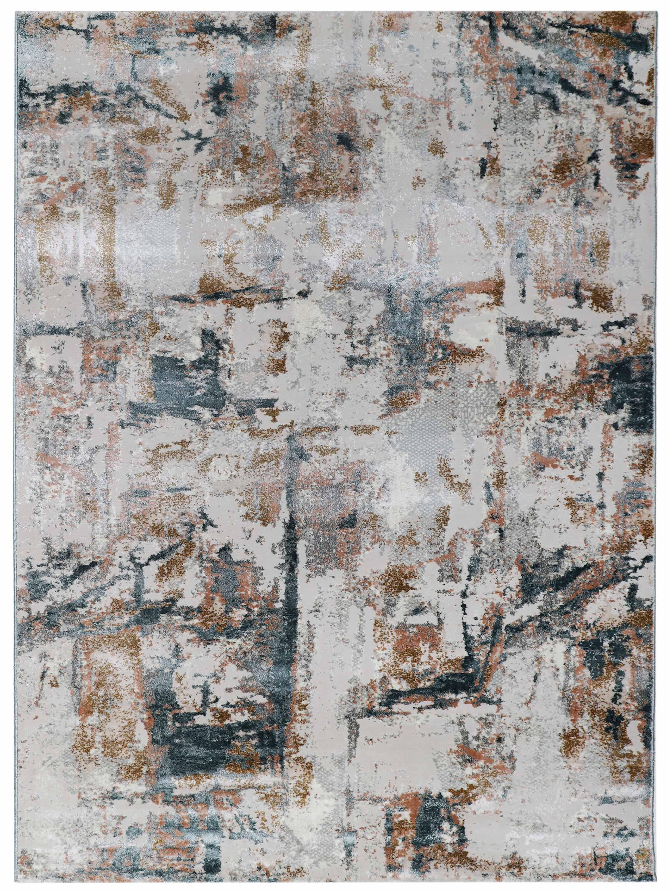 Abstract area rug with a textured design featuring a blend of muted gray, brown, and beige tones. The pattern is reminiscent of a modern art painting.