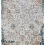 Faded Oriental-patterned rug with intricate floral and geometric designs in muted tones of blue, orange, and grey, creating a vintage, elegant feel.