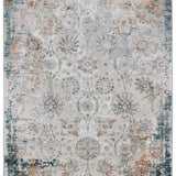 Faded Oriental-patterned rug with intricate floral and geometric designs in muted tones of blue, orange, and grey, creating a vintage, elegant feel.
