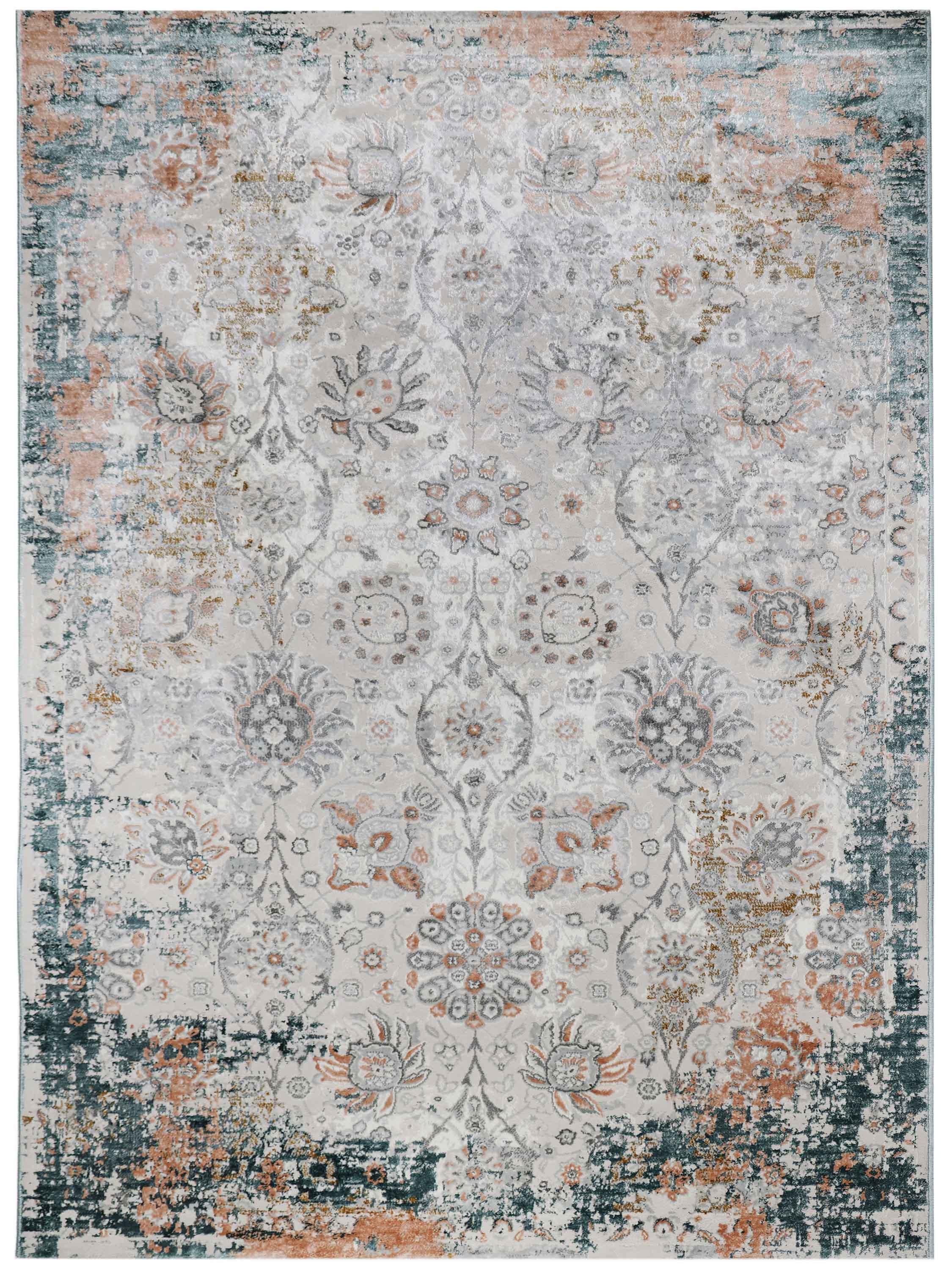 Faded Oriental-patterned rug with intricate floral and geometric designs in muted tones of blue, orange, and grey, creating a vintage, elegant feel.