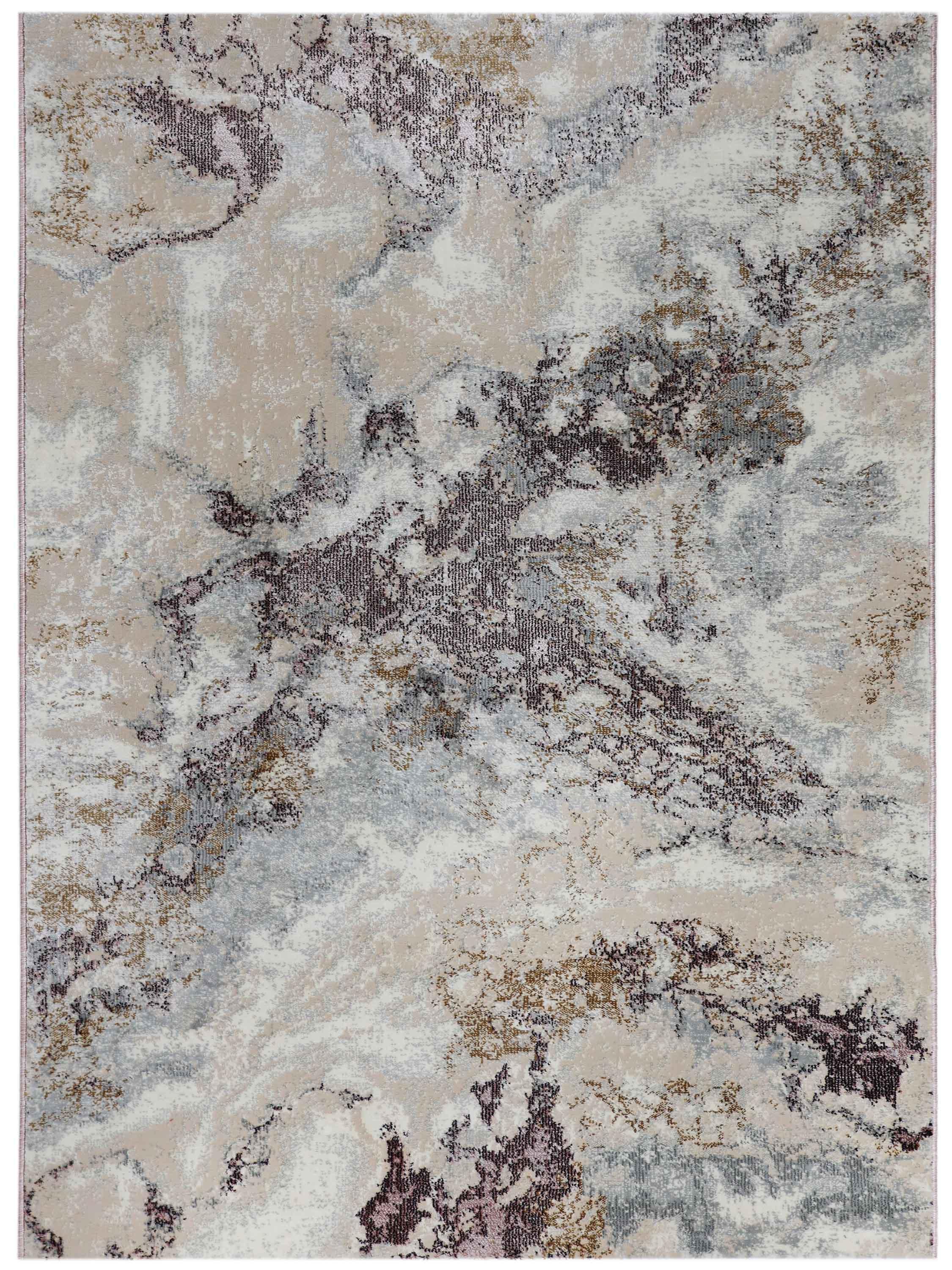 Abstract area rug with a marbled pattern in shades of cream, gray, and brown. The texture and colors create a serene, natural feel.