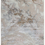 Abstract area rug in earthy tones with a marbled pattern, featuring blended shades of beige, brown, and gray. It conveys a tranquil, natural feel.