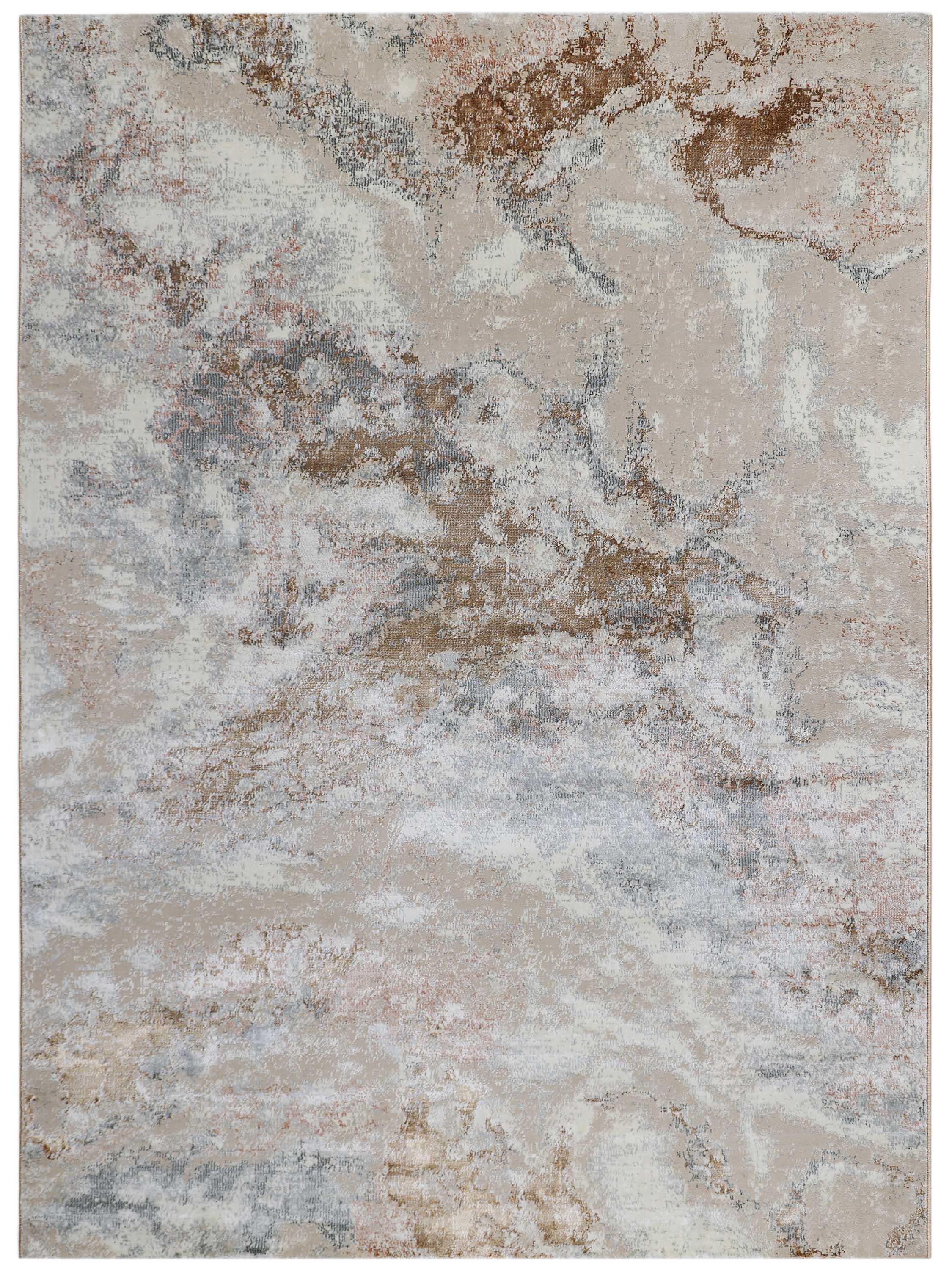 Abstract area rug in earthy tones with a marbled pattern, featuring blended shades of beige, brown, and gray. It conveys a tranquil, natural feel.