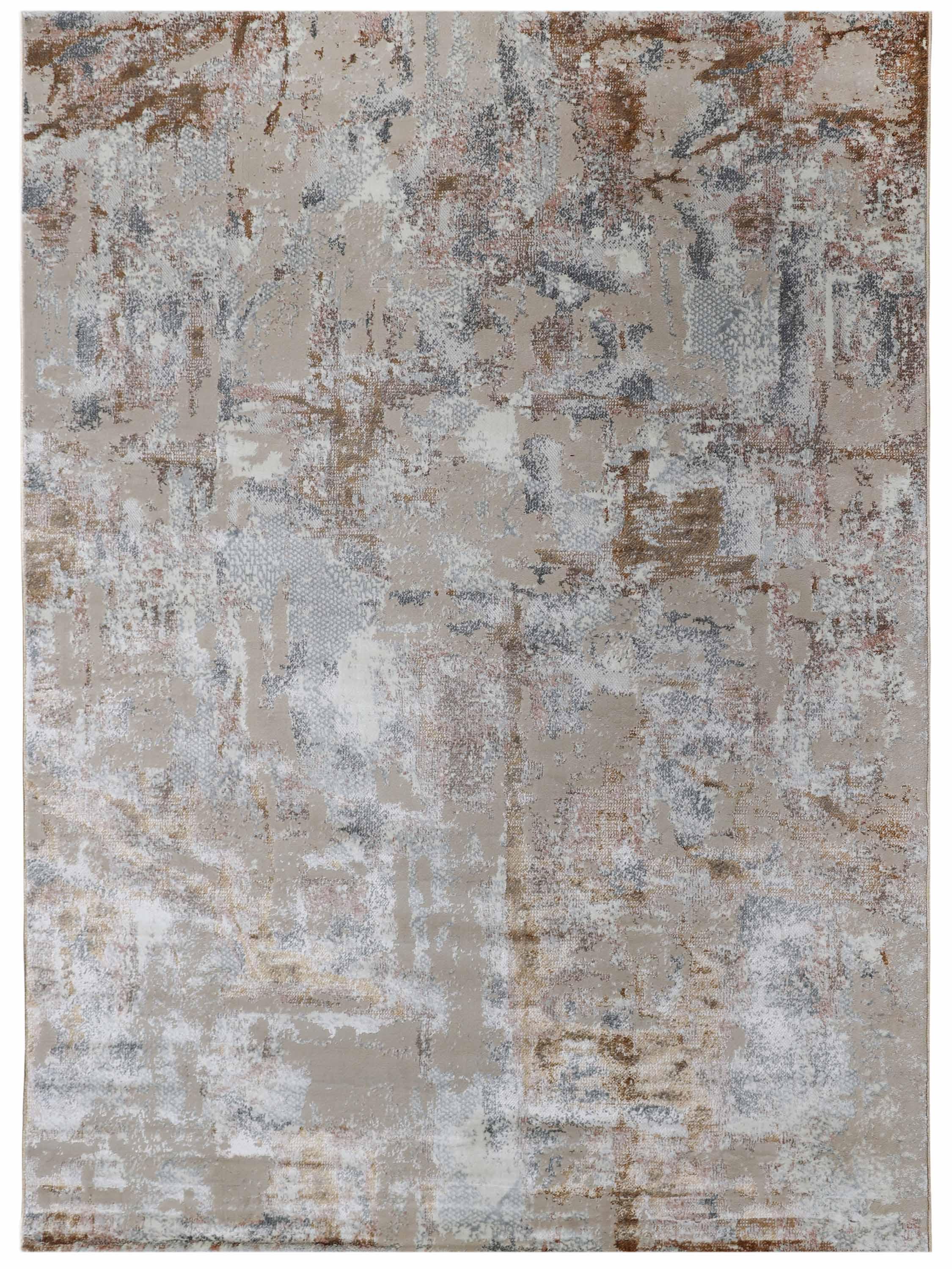 Abstract rug with a textured pattern in beige, gray, and rust tones, creating a distressed, modern look. The design is chaotic yet balanced.