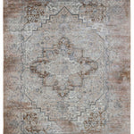 Ornate area rug with intricate floral and geometric patterns in muted beige, blue, and brown tones. It has a vintage, elegant appearance.