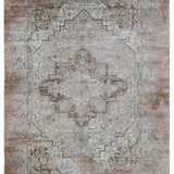 Ornate area rug with intricate floral and geometric patterns in muted beige, blue, and brown tones. It has a vintage, elegant appearance.