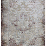 Ornate beige and taupe area rug featuring a central medallion design with floral and geometric patterns, conveying a vintage and elegant feel.