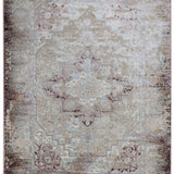 Ornate beige and taupe area rug featuring a central medallion design with floral and geometric patterns, conveying a vintage and elegant feel.