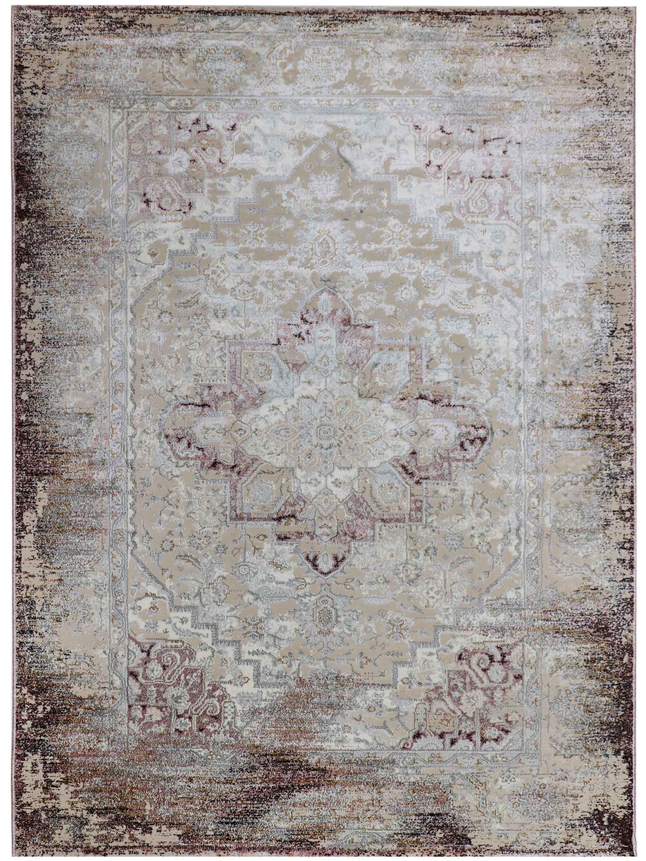 Ornate beige and taupe area rug featuring a central medallion design with floral and geometric patterns, conveying a vintage and elegant feel.