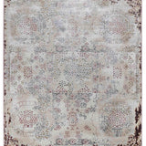 Vintage-style rug with faded floral and geometric patterns in muted tones, mostly beige, and hints of red and blue. Borders are dark and distressed.