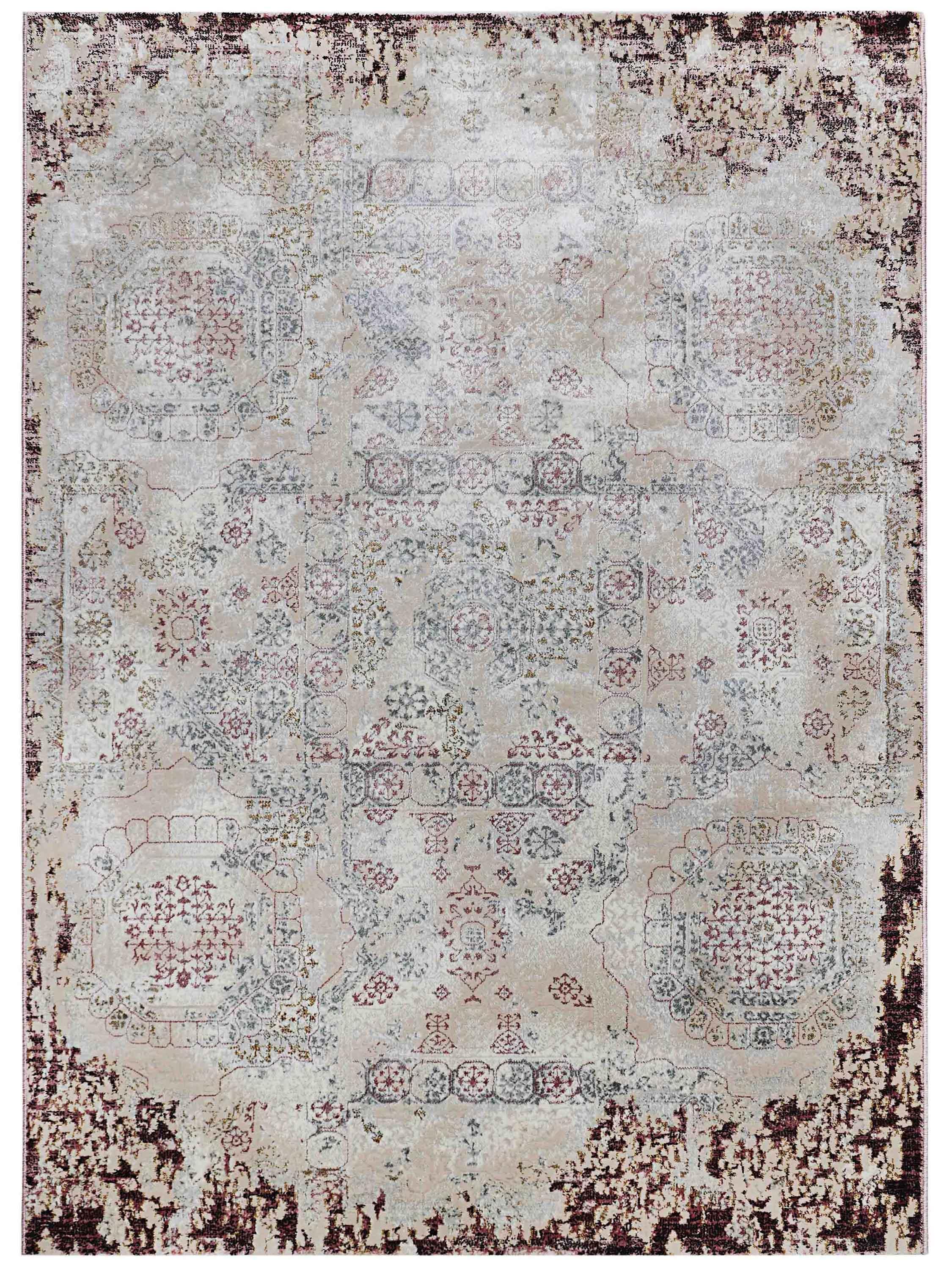 Vintage-style rug with faded floral and geometric patterns in muted tones, mostly beige, and hints of red and blue. Borders are dark and distressed.
