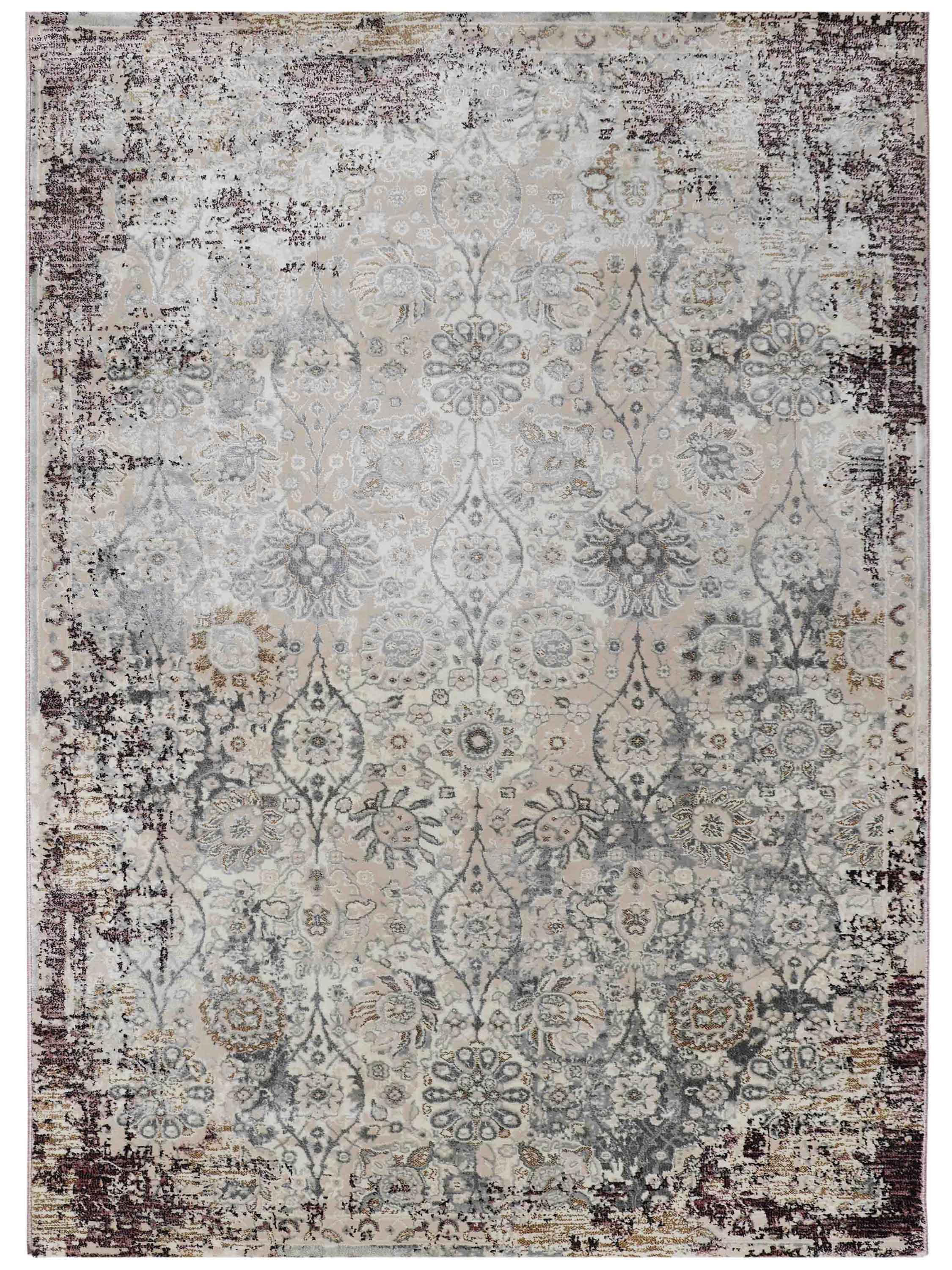 Vintage-style rug featuring a faded floral and geometric pattern in muted tones of beige, gray, and hints of brown, creating an antique, elegant look.