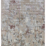 Abstract rug design with a textured pattern in muted tones of beige, gray, and maroon. The style is modern, evoking a calm and sophisticated ambiance.