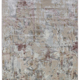 Abstract rug design with a textured pattern in muted tones of beige, gray, and maroon. The style is modern, evoking a calm and sophisticated ambiance.