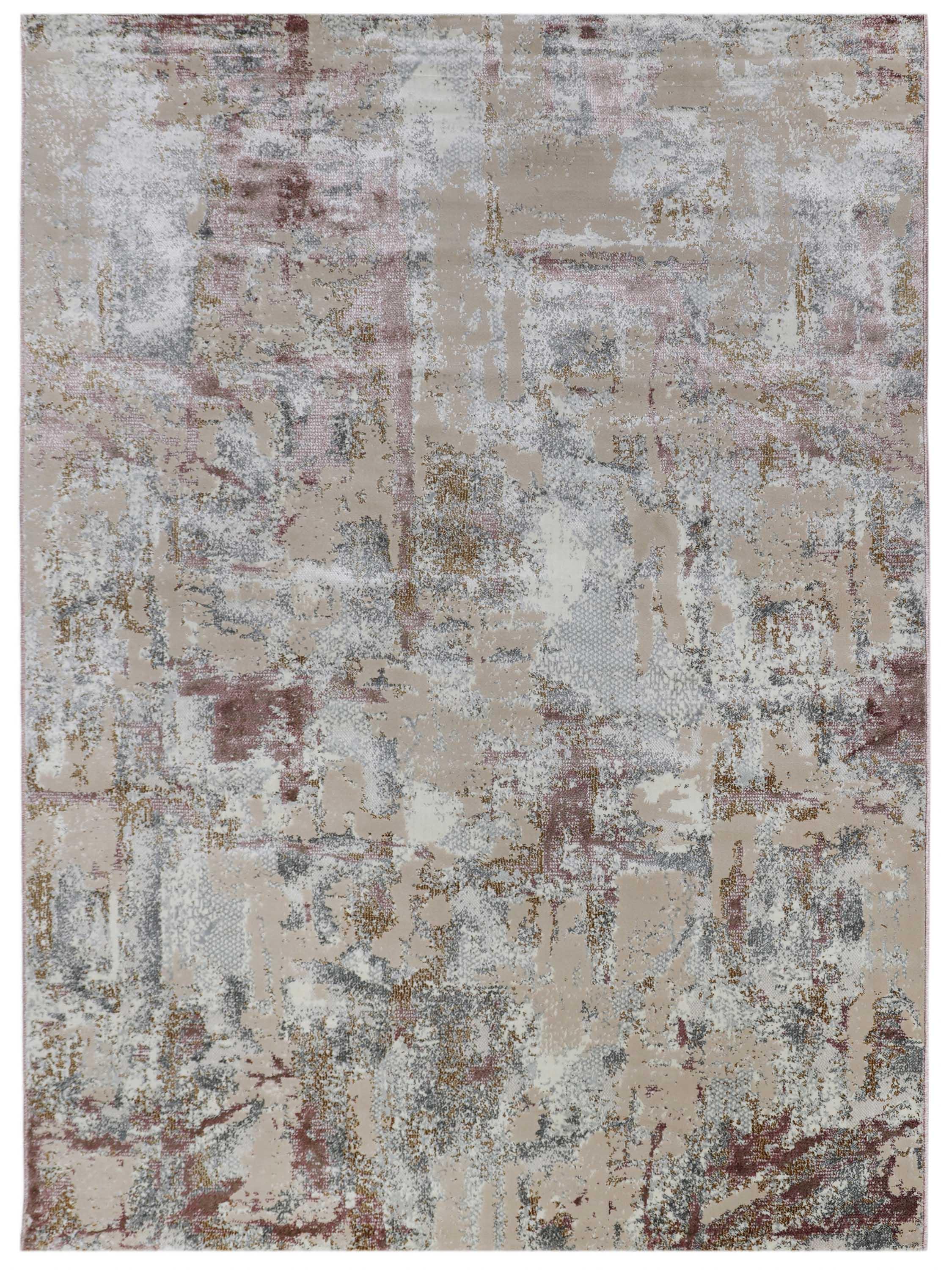 Abstract rug design with a textured pattern in muted tones of beige, gray, and maroon. The style is modern, evoking a calm and sophisticated ambiance.