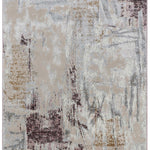 Abstract rug with a blend of beige, gray, and mauve tones forming an artistic pattern. The texture is soft and irregular, conveying a modern, serene vibe.