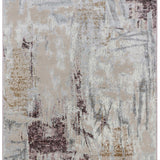 Abstract rug with a blend of beige, gray, and mauve tones forming an artistic pattern. The texture is soft and irregular, conveying a modern, serene vibe.