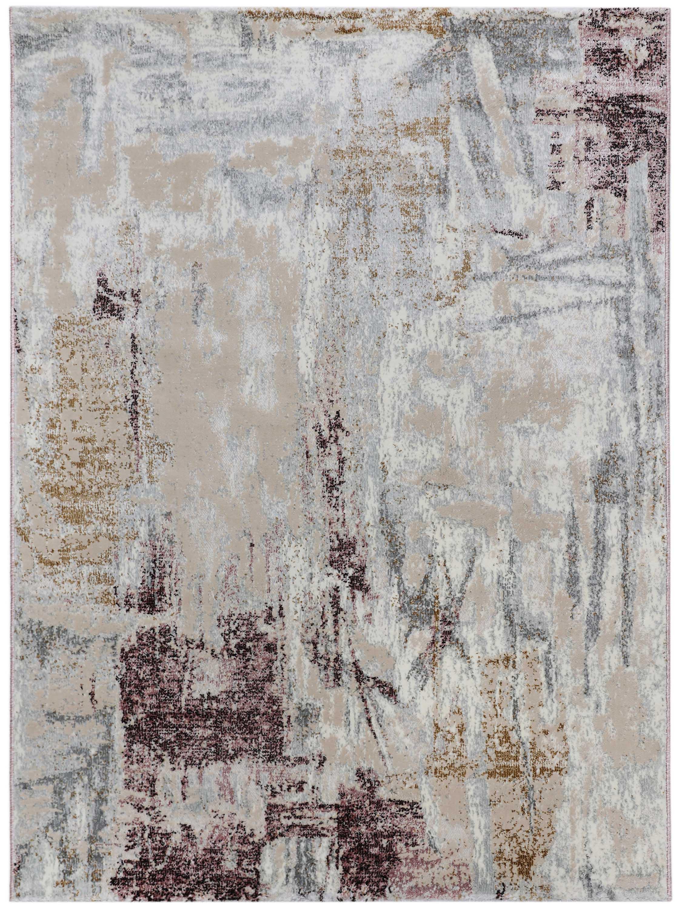 Abstract rug with a blend of beige, gray, and mauve tones forming an artistic pattern. The texture is soft and irregular, conveying a modern, serene vibe.