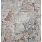 Vintage-style rug with a distressed appearance, featuring intricate floral motifs in muted beige, gray, and rust tones. Conveys an antique, textured look.