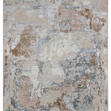 Vintage-style rug with a distressed appearance, featuring intricate floral motifs in muted beige, gray, and rust tones. Conveys an antique, textured look.