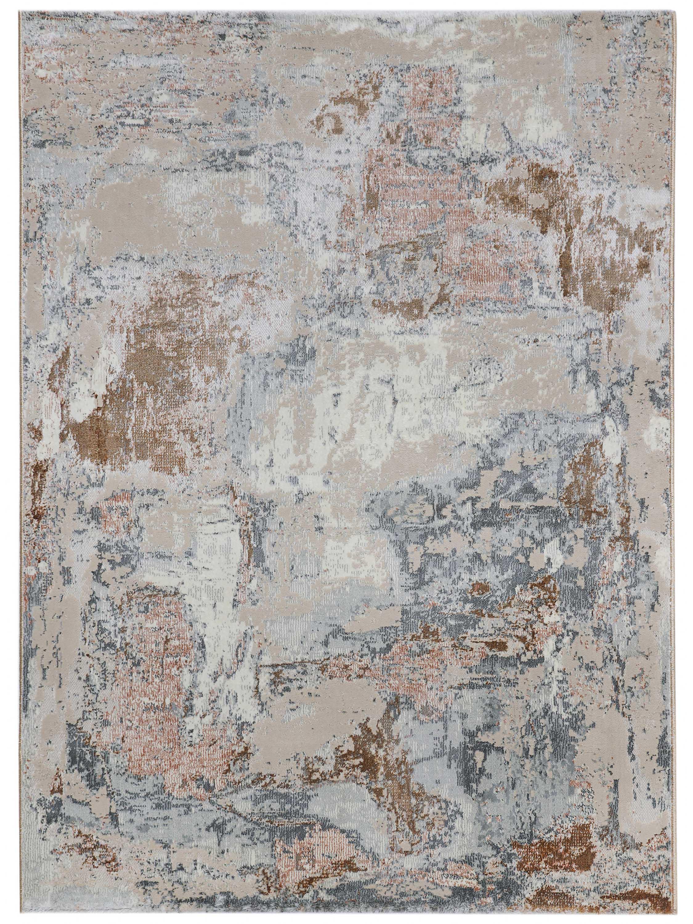 Vintage-style rug with a distressed appearance, featuring intricate floral motifs in muted beige, gray, and rust tones. Conveys an antique, textured look.