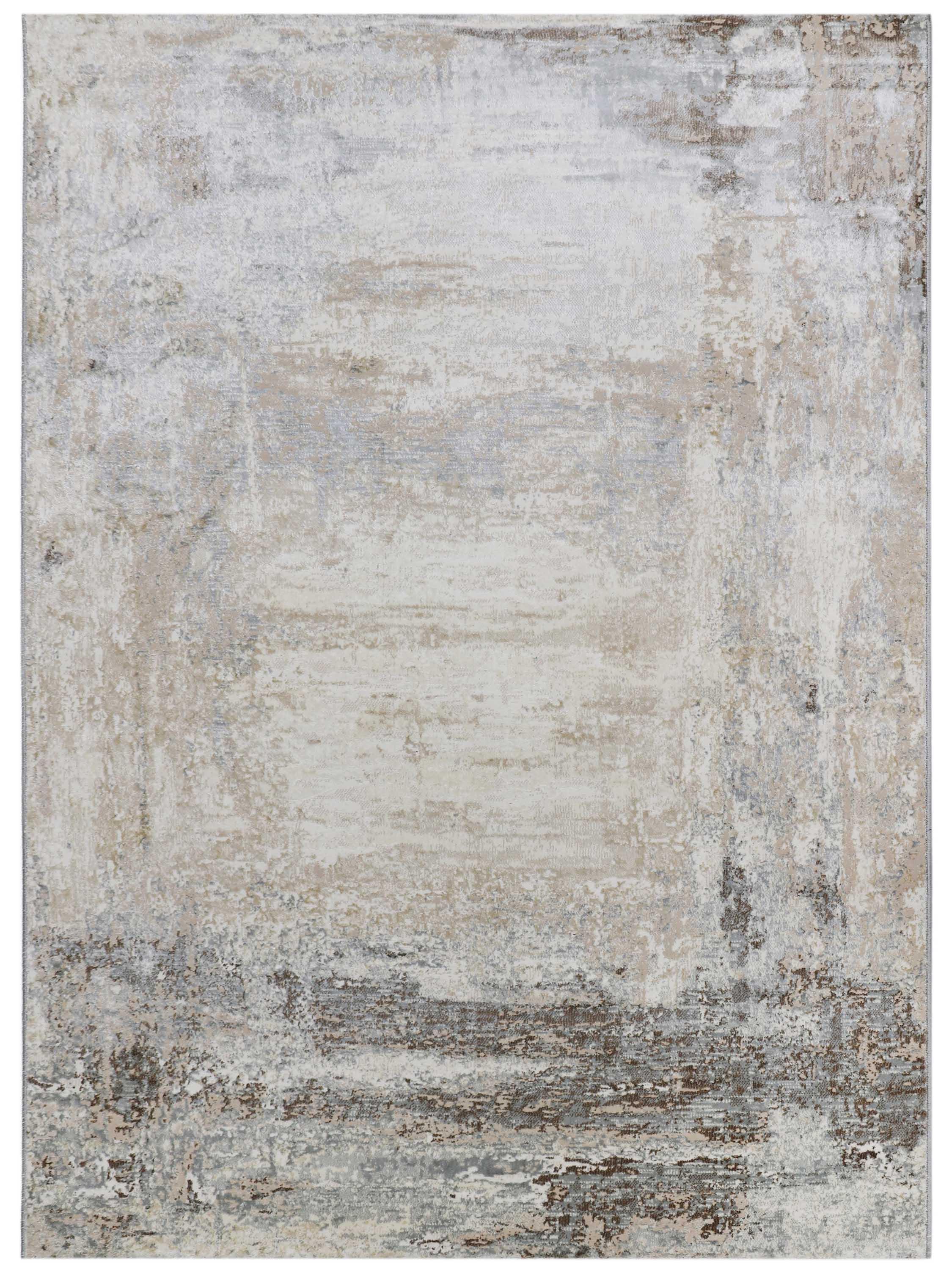 Abstract area rug with a neutral color palette, featuring a blend of beige, gray, and white tones. The textured pattern creates a serene, rustic appearance.