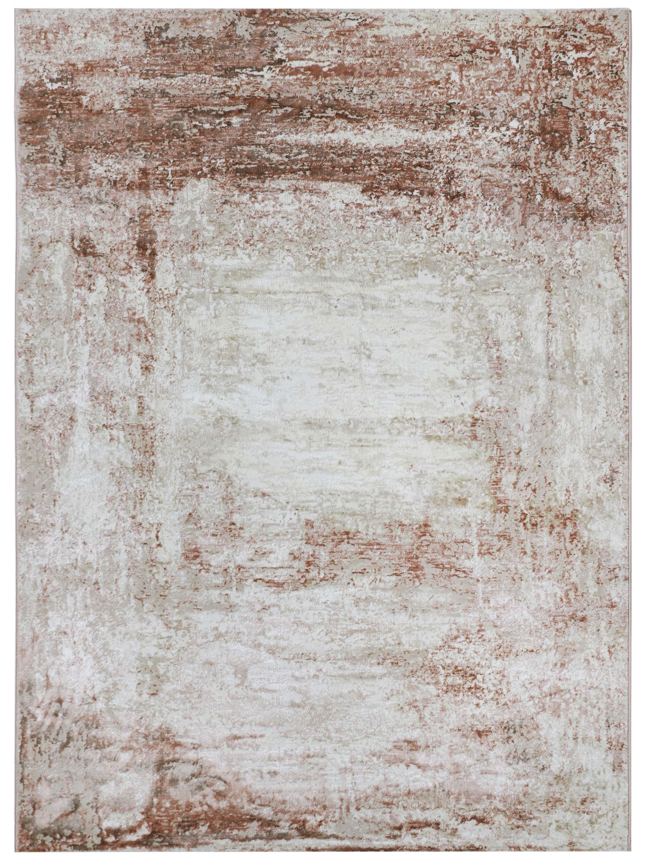 Abstract textured rug in earthy tones, primarily rust and beige, with a distressed pattern radiating from the center, conveying a rustic, cozy feel.
