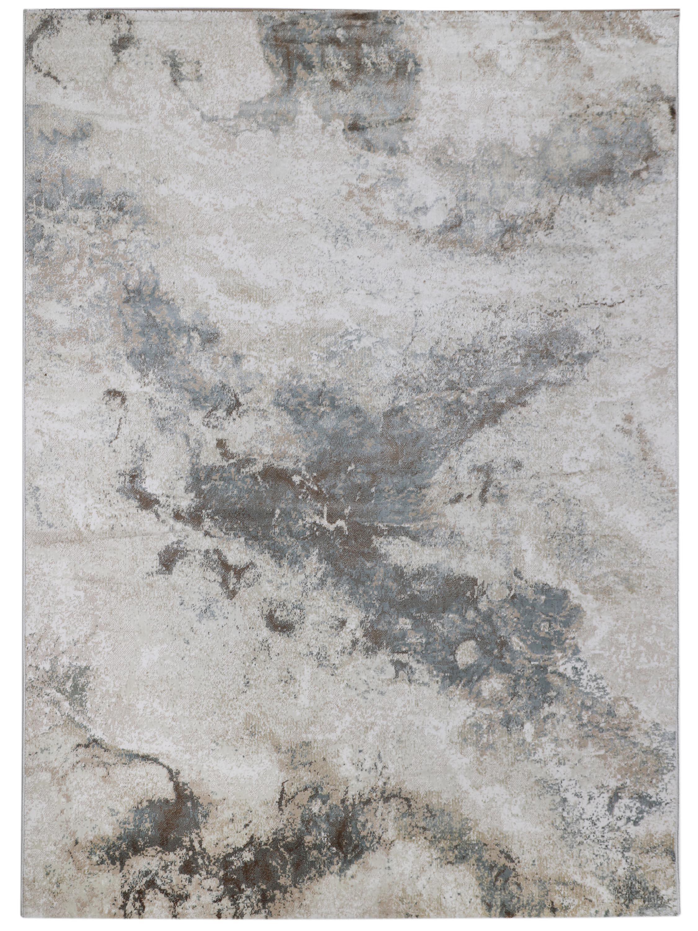 Abstract rug with a marble-like pattern in neutral tones, featuring swirls of gray, beige, and hints of brown. The design evokes a calm, earthy feel.