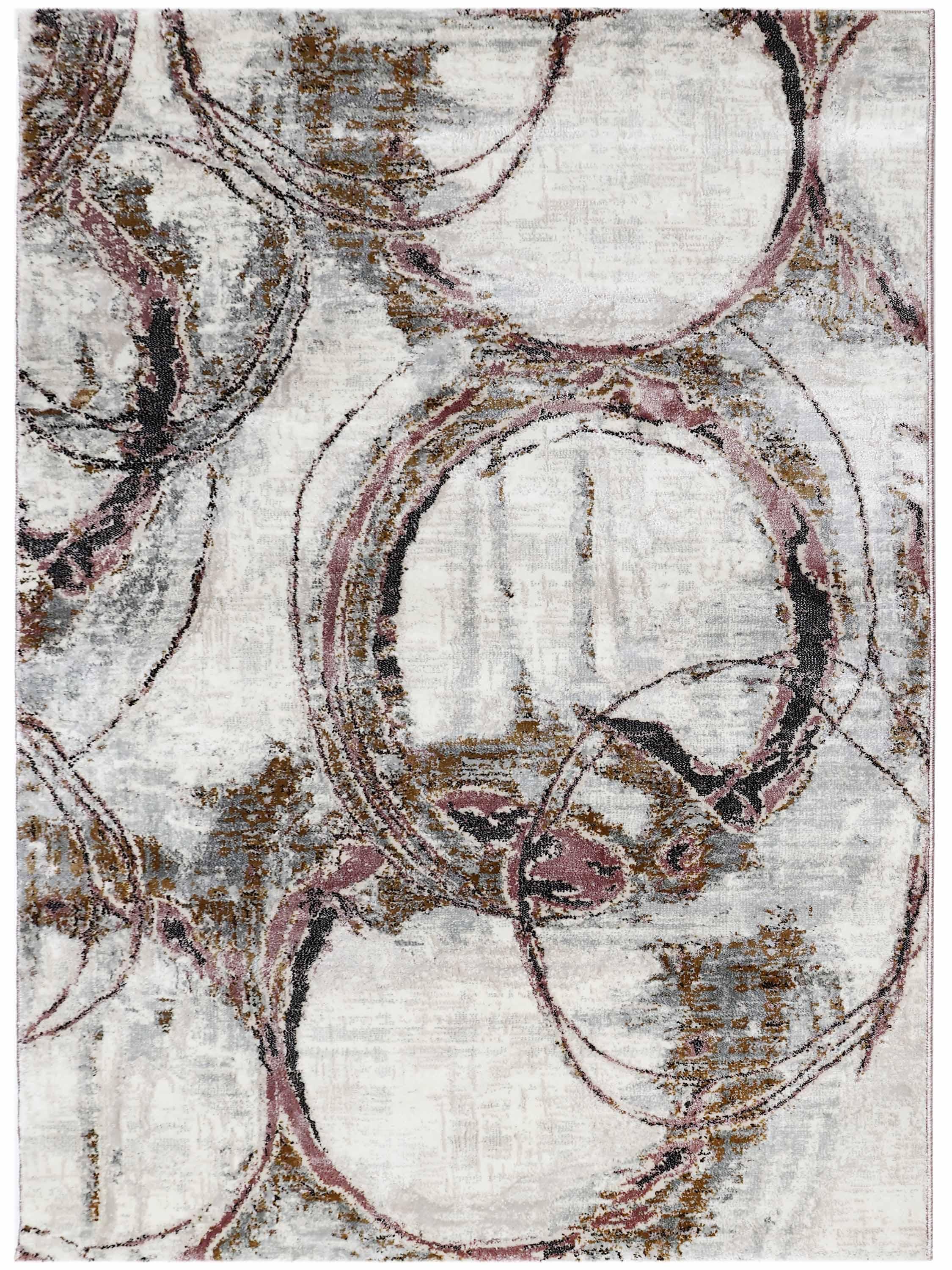 Abstract rug design with swirling circles in gold, pink, and black on a textured off-white background. The patterns create a dynamic, modern feel.