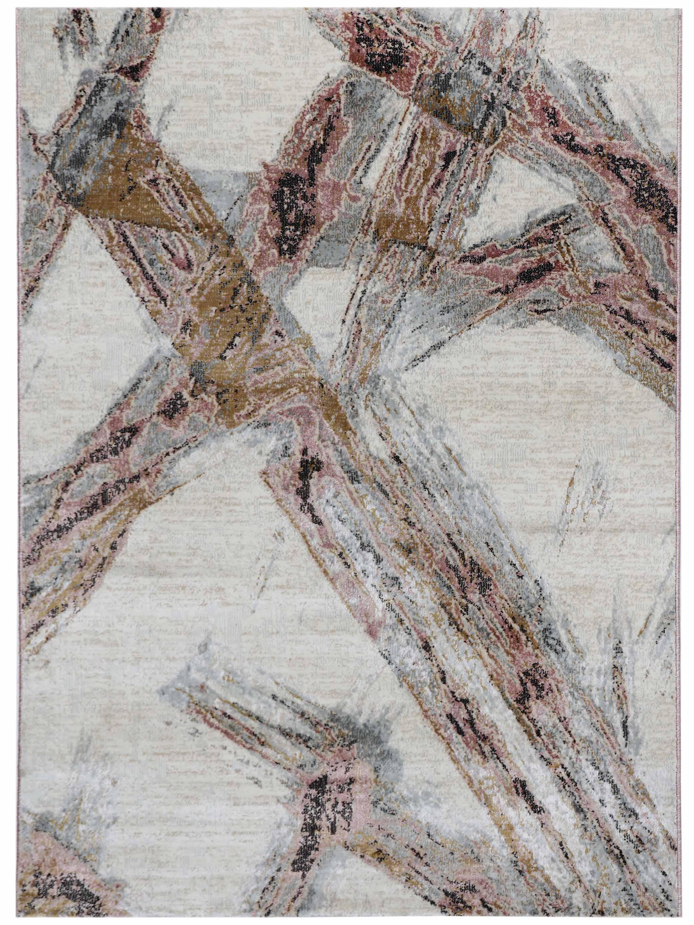 Abstract patterned rug featuring intersecting lines in earthy tones of brown, pink, and gray on a light beige background. The design appears dynamic and textured.