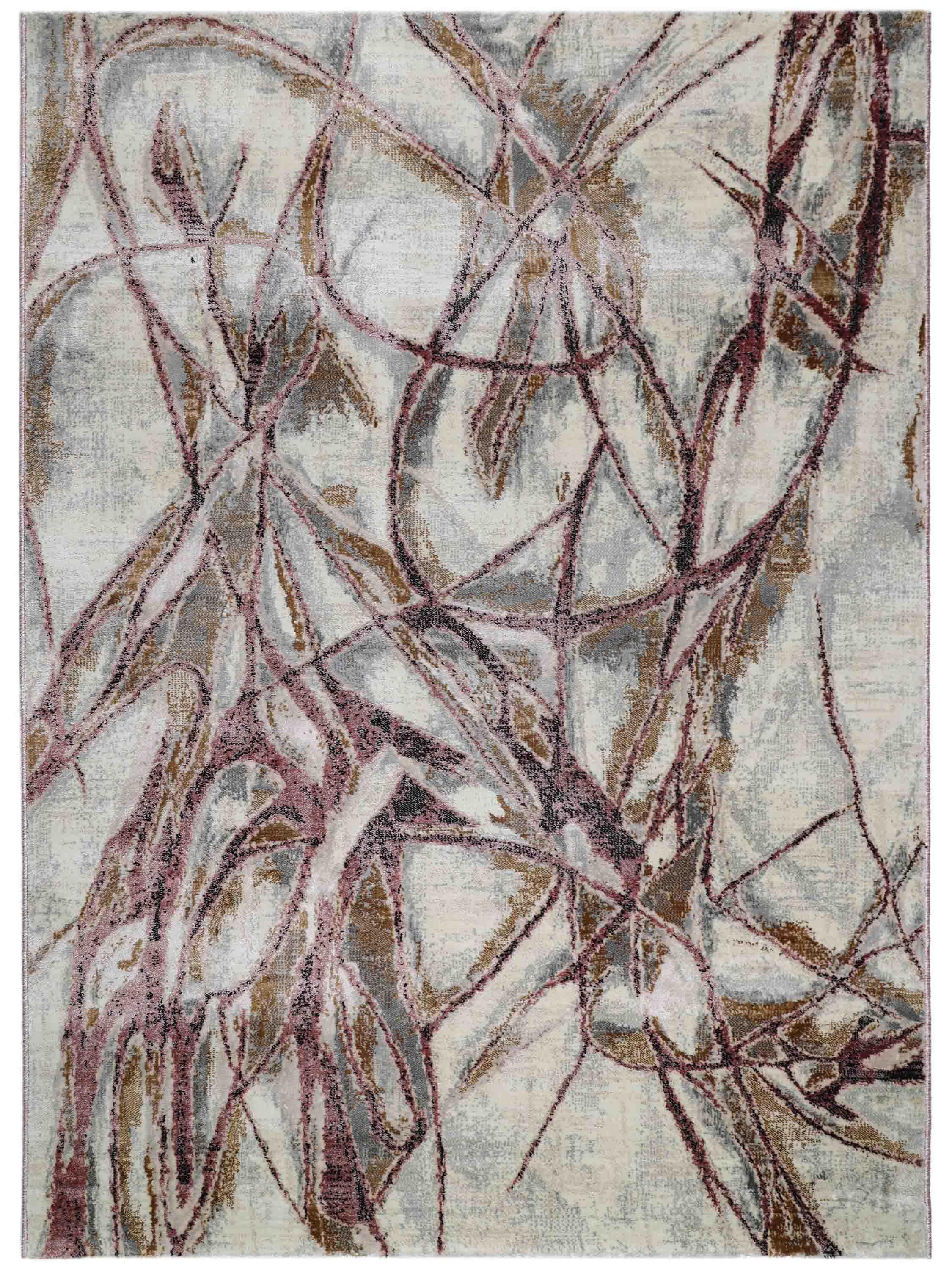 Abstract rug design with chaotic swirling lines in shades of gray, beige, and brown on a light background, conveying a sense of dynamic movement.
