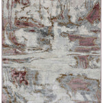 Abstract patterned rug with a blend of gray, burgundy, and gold hues, creating a watercolor-like effect. The design evokes a sense of elegance and artistic fluidity.