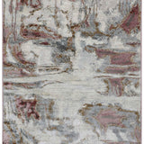 Abstract patterned rug with a blend of gray, burgundy, and gold hues, creating a watercolor-like effect. The design evokes a sense of elegance and artistic fluidity.
