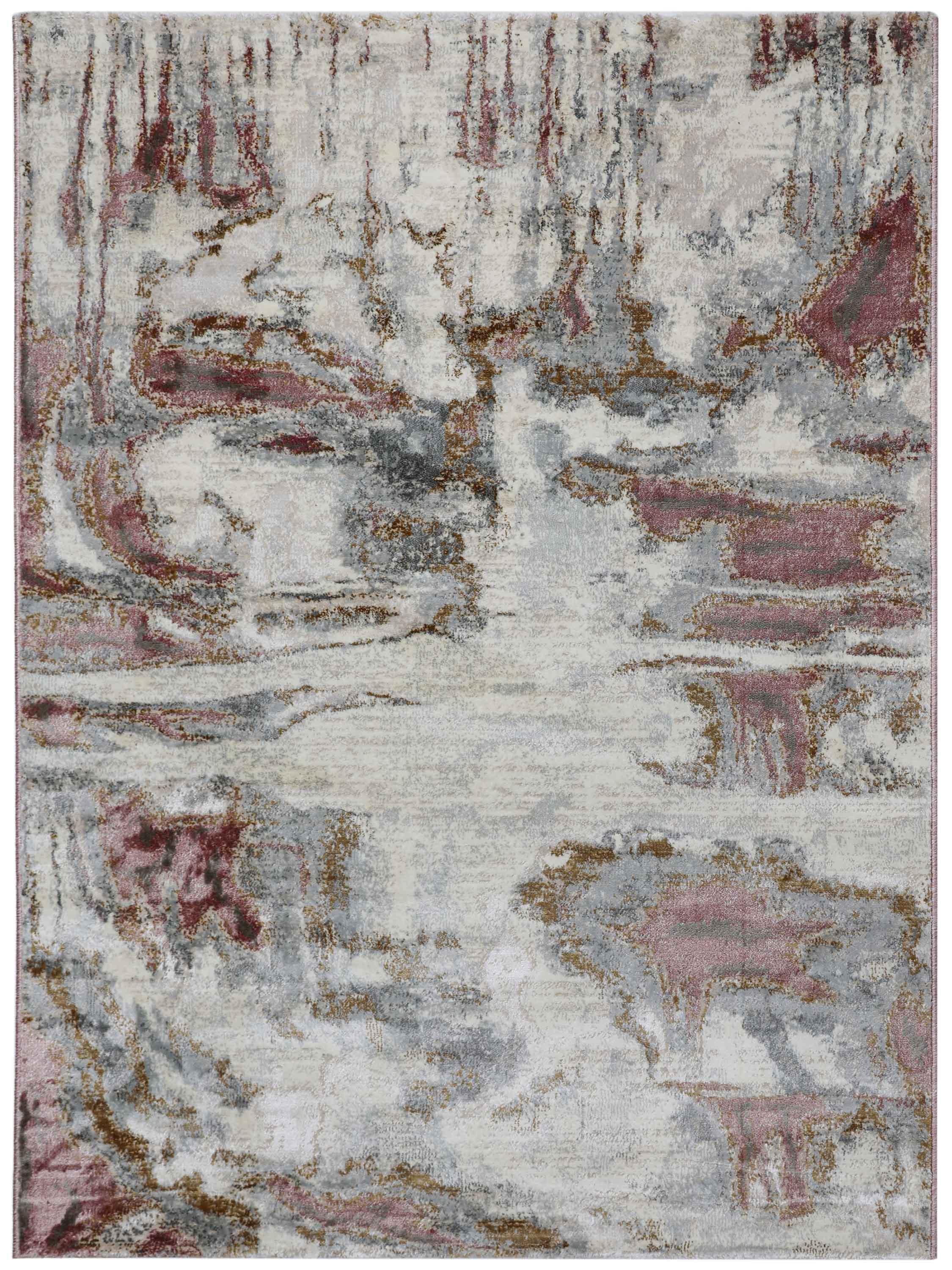 Abstract patterned rug with a blend of gray, burgundy, and gold hues, creating a watercolor-like effect. The design evokes a sense of elegance and artistic fluidity.