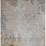 Vintage-style rug with a distressed appearance, featuring intricate floral motifs in muted beige, gray, and rust tones. Conveys an antique, textured look.