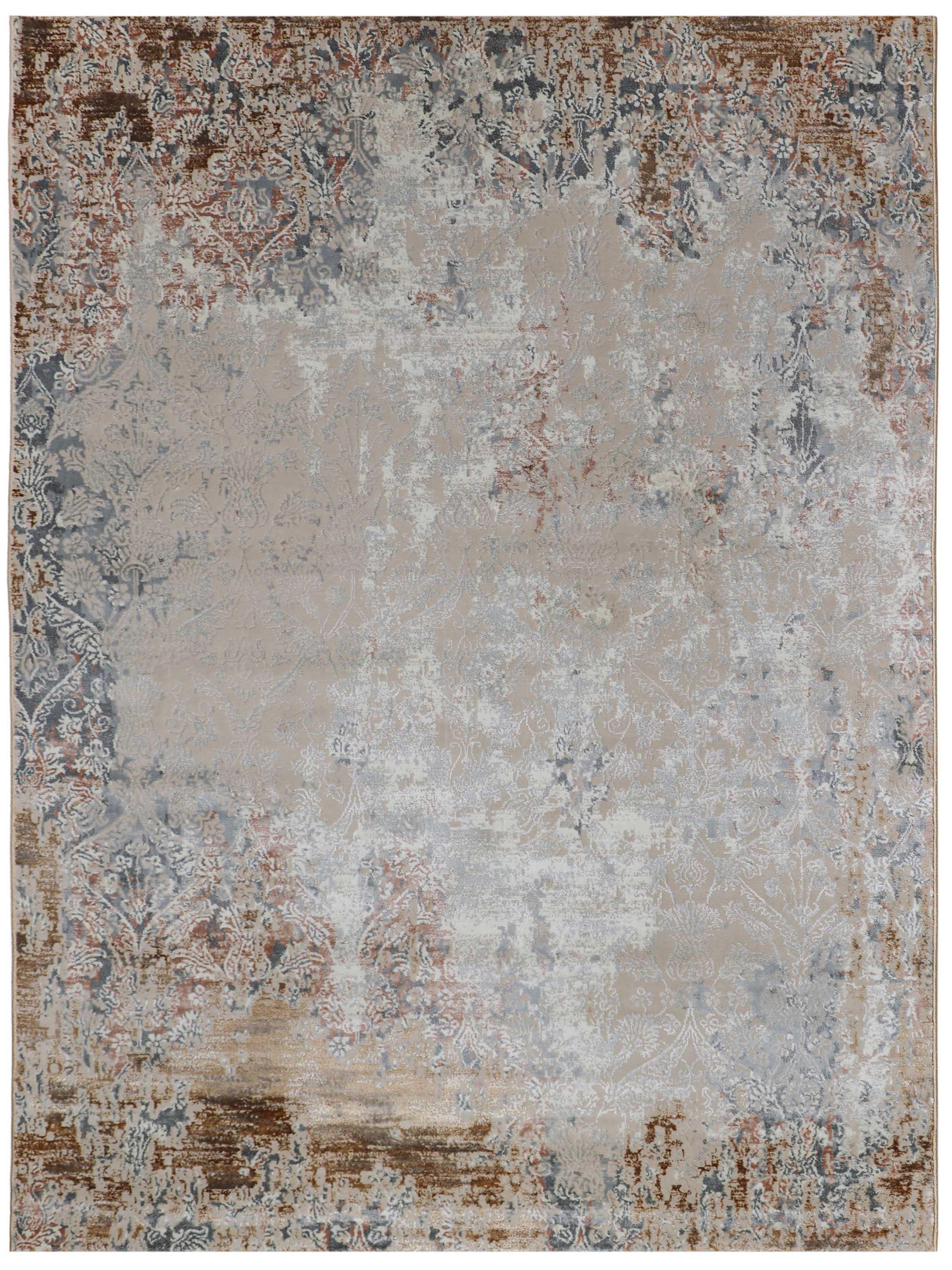 Vintage-style rug with a distressed appearance, featuring intricate floral motifs in muted beige, gray, and rust tones. Conveys an antique, textured look.