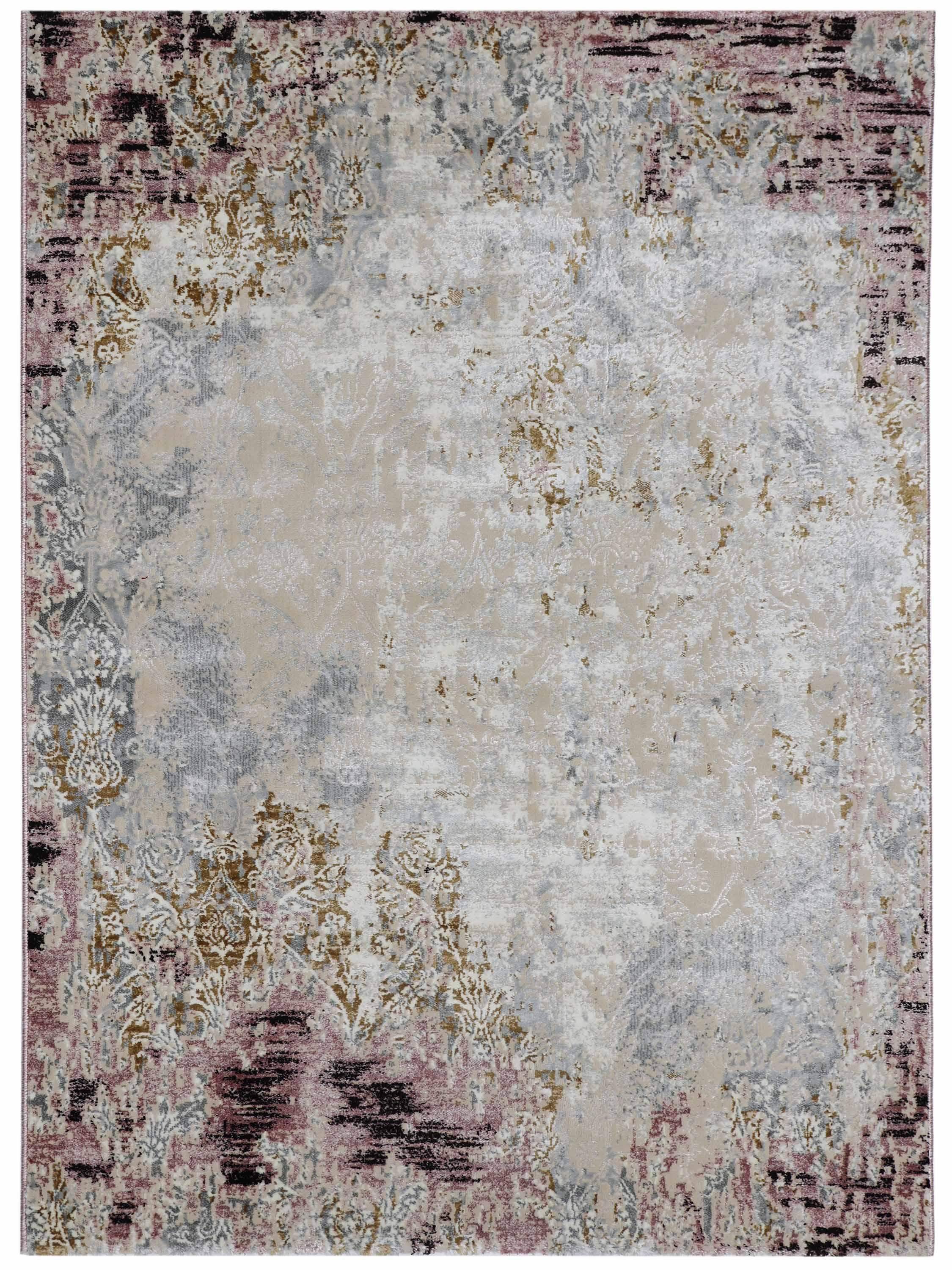 Abstract rug with an intricate, distressed design. Features muted tones of beige, gold, and hints of pink and gray, creating an elegant vintage look.