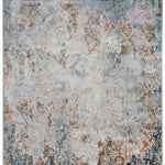 Abstract vintage-style rug features muted tones of blue, beige, and brown, with intricate floral patterns faded for a distressed, weathered look.