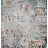 Abstract vintage-style rug features muted tones of blue, beige, and brown, with intricate floral patterns faded for a distressed, weathered look.