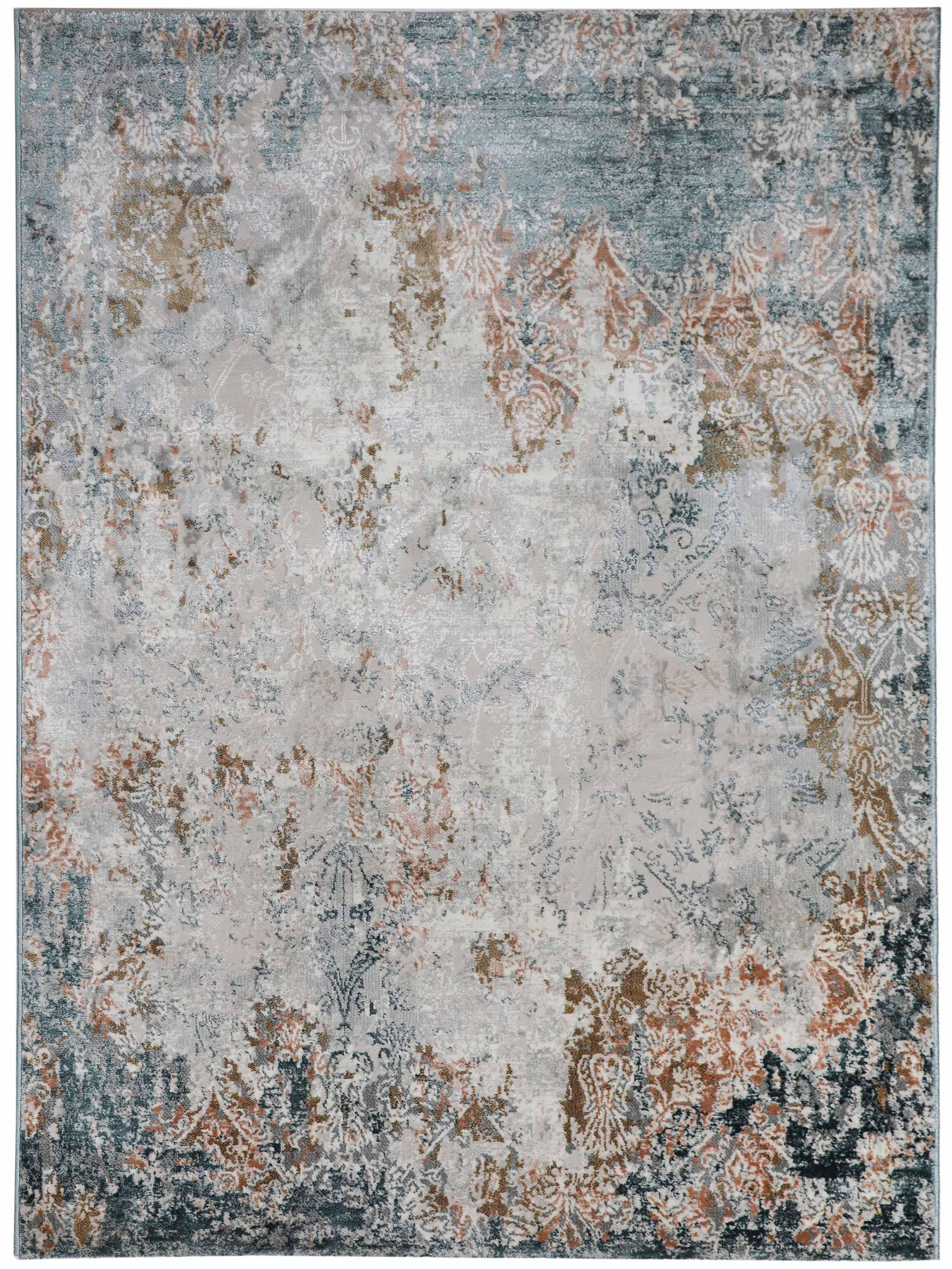 Abstract vintage-style rug features muted tones of blue, beige, and brown, with intricate floral patterns faded for a distressed, weathered look.