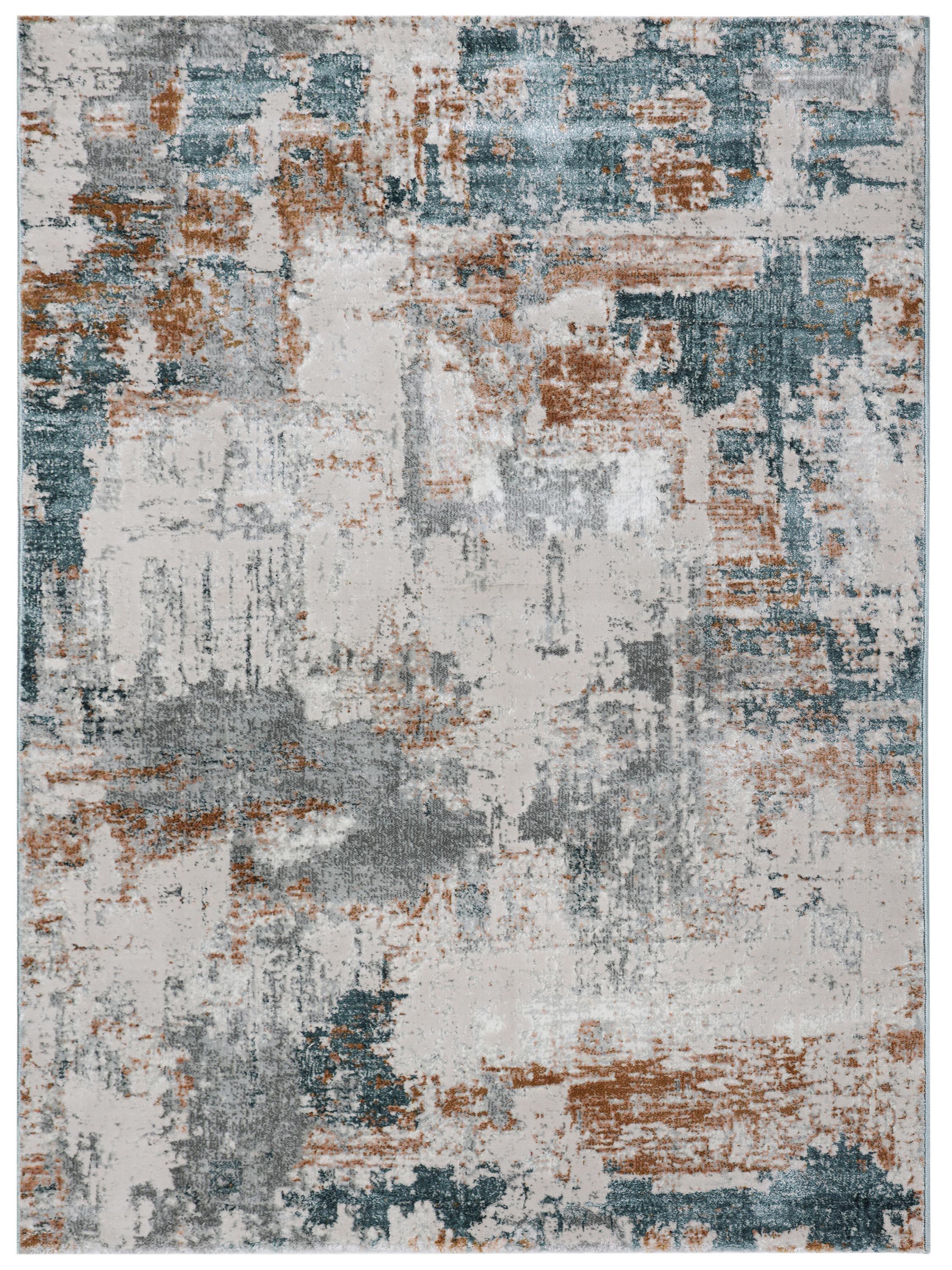 Abstract area rug with a distressed, textured pattern in blue, gray, and rust tones. The design features scattered, brush-like overlaps.