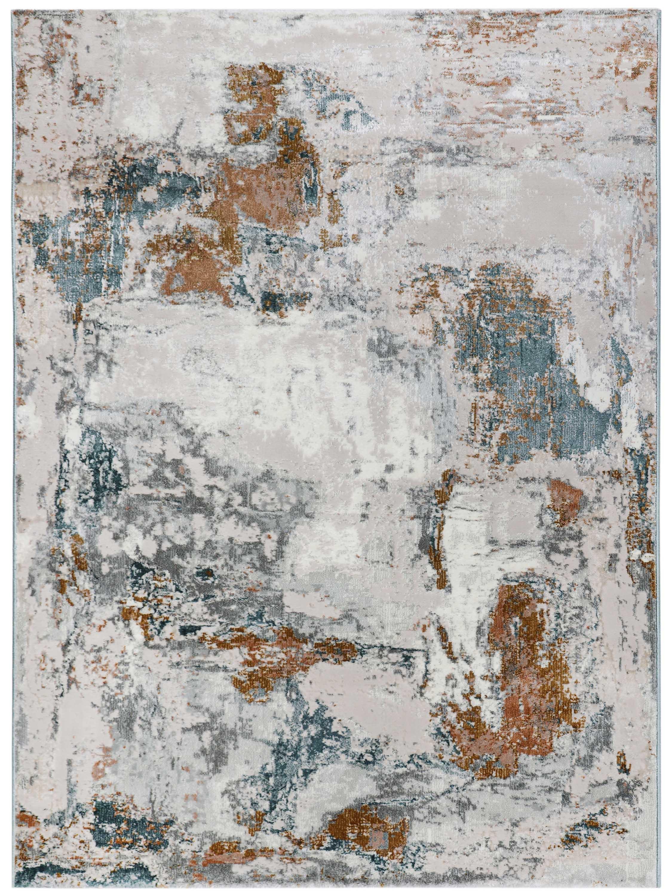 Abstract area rug with a textured pattern in muted colors of gray, rust, and blue. The design is reminiscent of a weathered, artistic canvas.