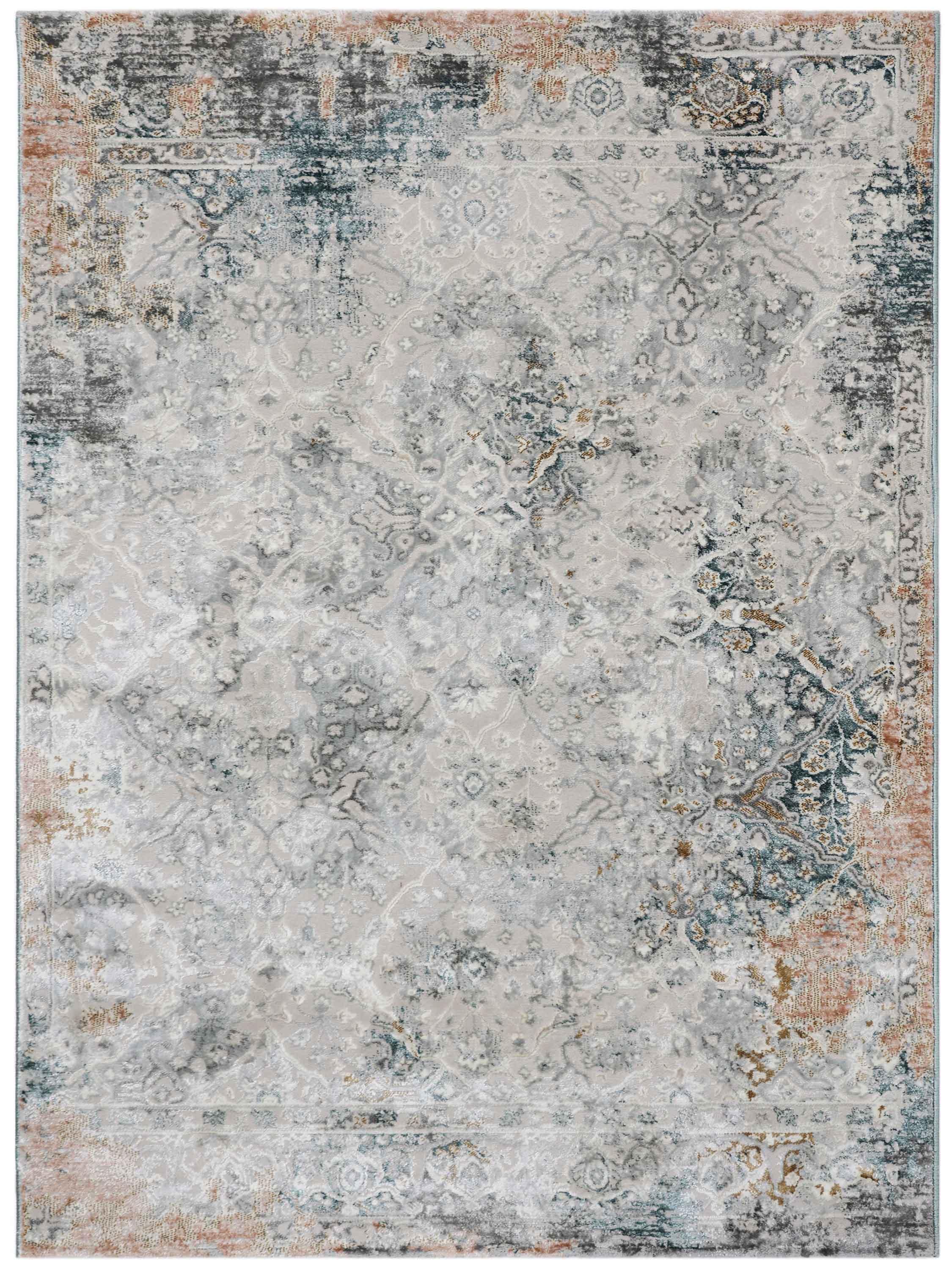 A distressed, ornate area rug featuring an abstract pattern in muted hues of gray, blue, and beige, with hints of rust along the edges and a vintage look.